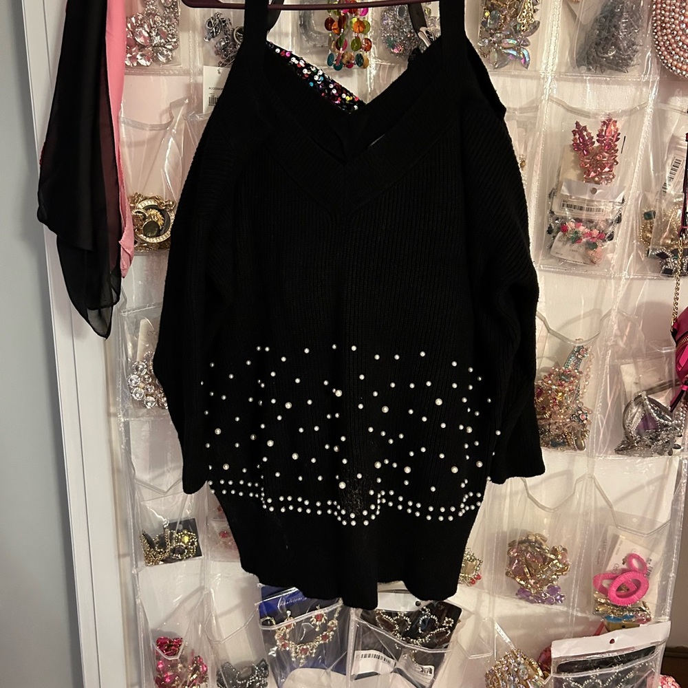 VENUS Black V-Neck Sweater with Pearl Details and Open Shoulder details.